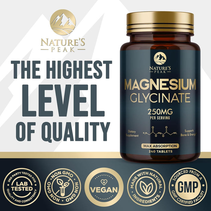 Magnesium Glycinate 250mg - 100% Chelated for Max Absorption, Magnesium Capsules for Bone, Muscle & Heart Health Support, Nature's Magnesium Supplement, Vegan, Gluten Free, Non-GMO - 240 Count