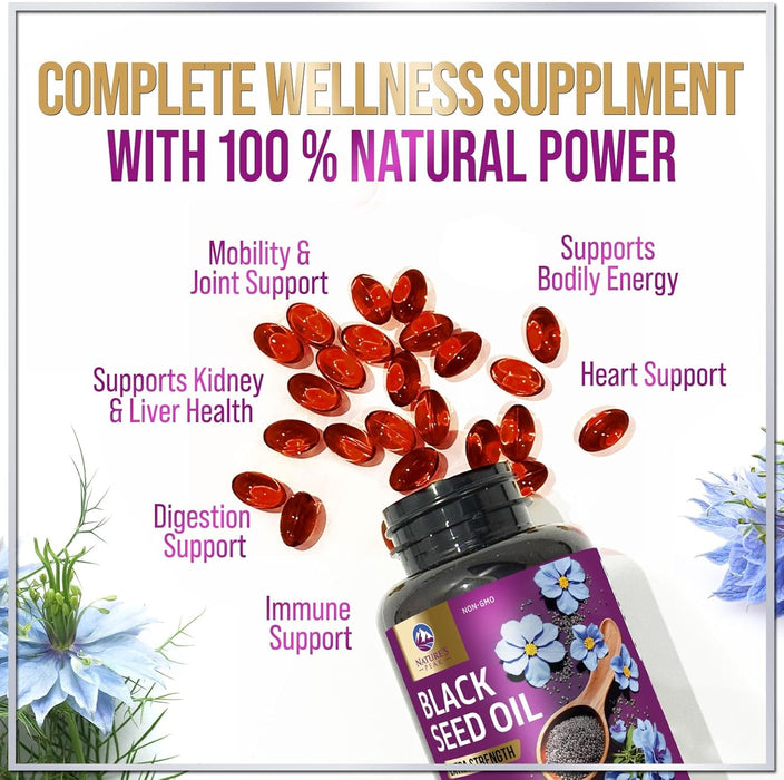 Black Seed Oil Softgels 1000mg - Premium Extra Strength Nigella Sativa Black Seed Oil, Pure Black Cumin Seed Oil for Hair, Skin, Brain Health & Immune Support, Non-GMO, Sugar & Gluten Free - 60 Count