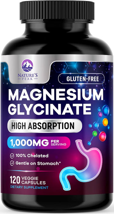 Pure Magnesium Glycinate 1000 mg - Max Absorption Magnesium Supplement for Muscle, Heart, Bone, Energy and Nerve Health Support, Support, Nature's Magnesium Pills for Women & Men