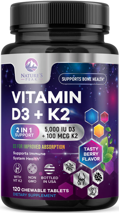 Nature's Peak D3 K2 Vitamin Supplement - 5000iu of D-3 & 100mcg of K2 as MK-7 Supports Calcium Absorption for Joints, Bones & Teeth Plus Immune Support - Non-GMO, Berry Flavor - 120 Count