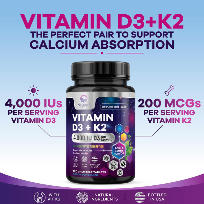 Vitamin D3 + K2 (MK-7) 4000 IU D3 – 120 Chewable Tablets