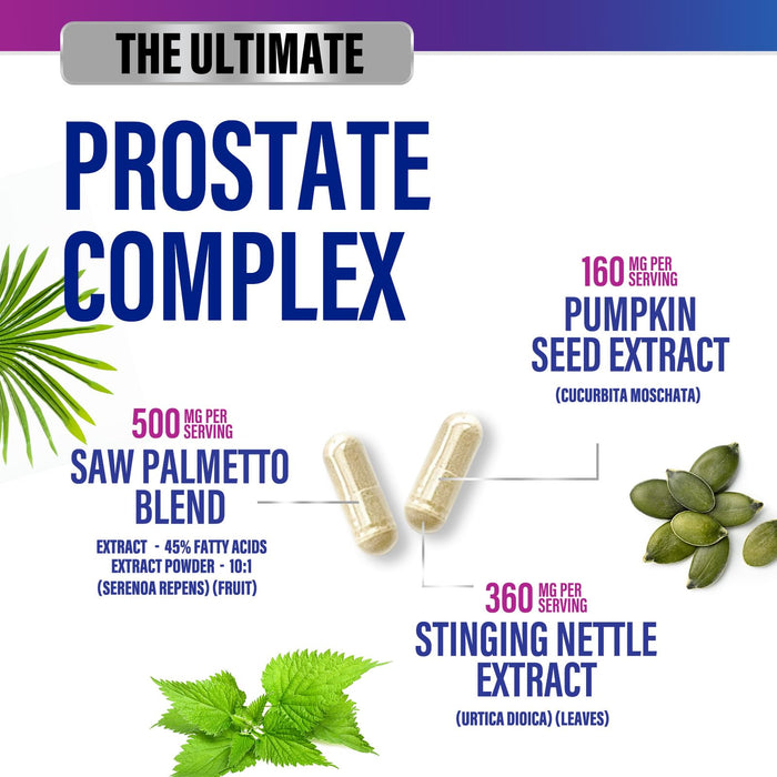 Prostate Health Supplements for Men - Support Complex 3x Formula with Saw Palmetto Blend Stinging Nettle Root & Pumpkin Seed Extract - Supports Bathroom Trips Prostate & Urinary Health - 60 Capsules