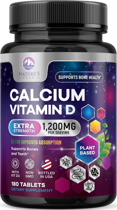 Calcium 1200 mg Plus Vitamin D3, Bone Health & Immune Support - Nature's Calcium Supplement with High Potency Vitamin D for Extra Strength Carbonate Absorption Dietary Supplement - 180 Count