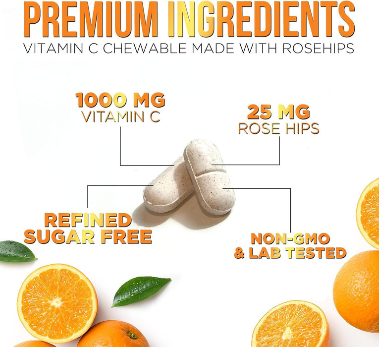 Extra Strength Vitamin C 1000 mg - Chewable Vita C for Powerful Immune Support with Vitamin C & Rose HIPS - Potent Dietary Chewable Vitamin C Supplement, Vegan, Gluten-Free, Non-GMO - 120 Count