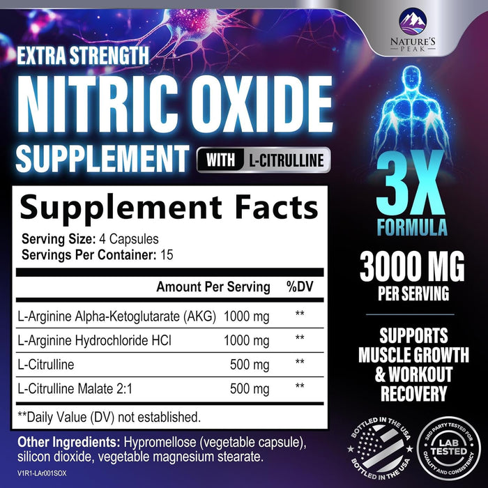 Nitric Oxide Supplement 3000mg L Arginine 3X Strength - Citrulline Malate & AKG - Extra Strength Muscle Supporting Nitric Booster for Muscle Growth & Workout Recovery to Train Harder - 60 Count