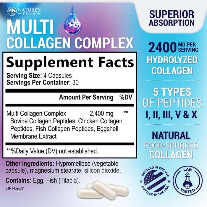 Multi Collagen Peptides Supplement for Hair, Nail, Skin - Type I, II, III, V, X, Collagen Powder Pills - Grass-Fed, Hydrolyzed for Bone and Joint Support for Women & Men, Non-GMO - 120 Capsules