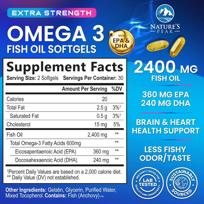 Triple Strength Omega 3 Fish Oil 2400 mg Softgels, Nature's Fish Oil Supplements, Brain & Heart Health Support - EPA & DHA, 1200 MG Fish Oil in Each Softgel, Omega-3 Supplement Softgels - 60 Count