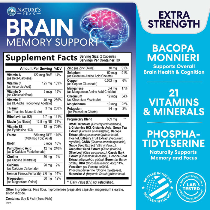 Brain Supplement for Memory and Focus, Nootropic Support for Concentration, Clarity, Energy, Brain Health with Bacopa, Cognitive Vitamins, Phosphatidylserine, DMAE, Nootropics & More - 60 Count