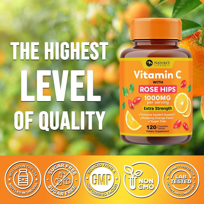 Extra Strength Vitamin C 1000 mg - Chewable Vita C for Powerful Immune Support with Vitamin C & Rose HIPS - Potent Dietary Chewable Vitamin C Supplement, Vegan, Gluten-Free, Non-GMO - 120 Count
