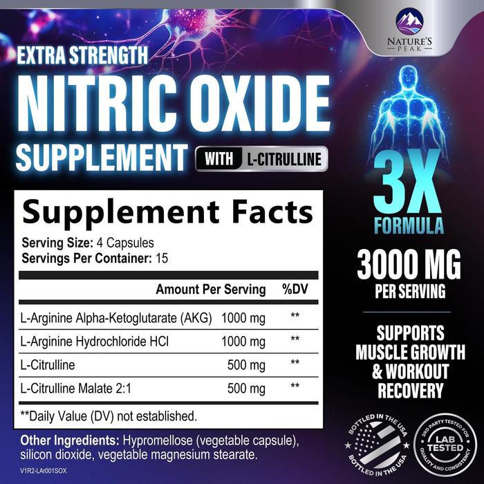 Nitric Oxide Supplement 3000mg L Arginine 3X Strength - Citrulline Malate & AKG - Extra Strength Muscle Supporting Nitric Booster for Muscle Growth & Workout Recovery to Train Harder - 60 Count