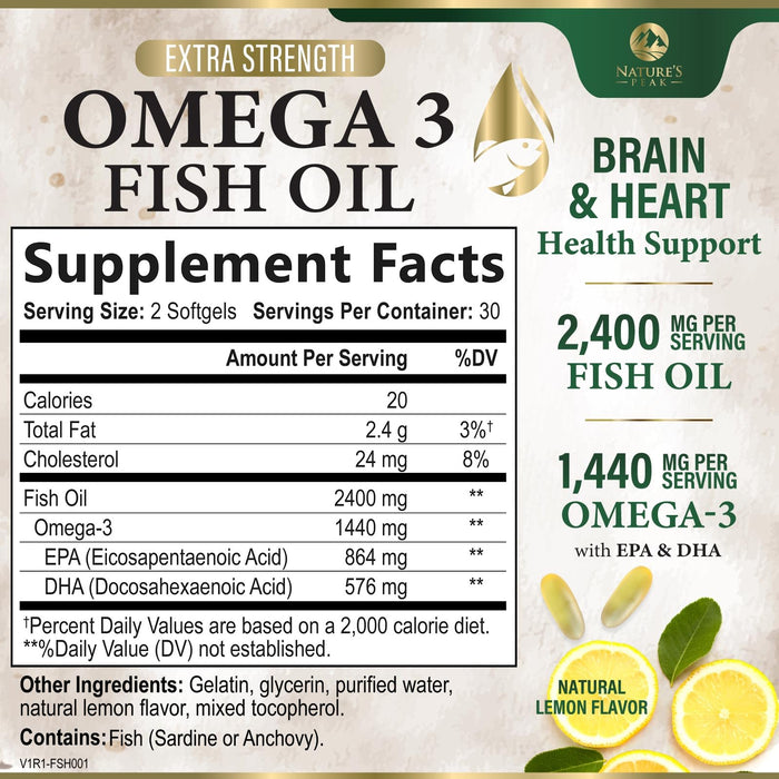 Nature's Peak Fish Oil 2400 mg - Triple Strength Fish Oil Supplement, Omega 3 Fish Oil w/EPA & DHA Fatty Acids for Healthy Heart Support, Burpless Omega 3 Supplements - 60 Count