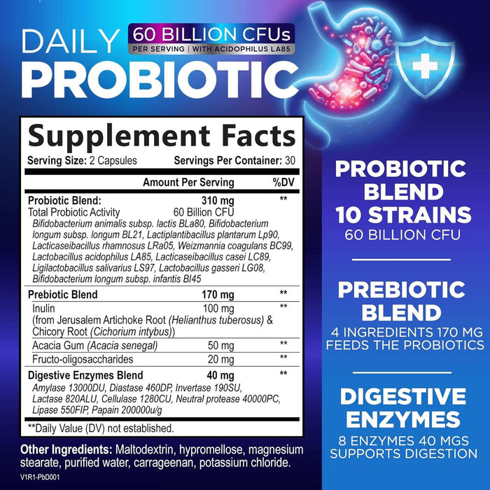 Daily Probiotics and Prebiotics 60 Billion CFU - 10 Diverse Strains for Digestion, Vaginal & Immune Health Support - Digestive Support for Men and Women, Dairy, Soy and Gluten Free