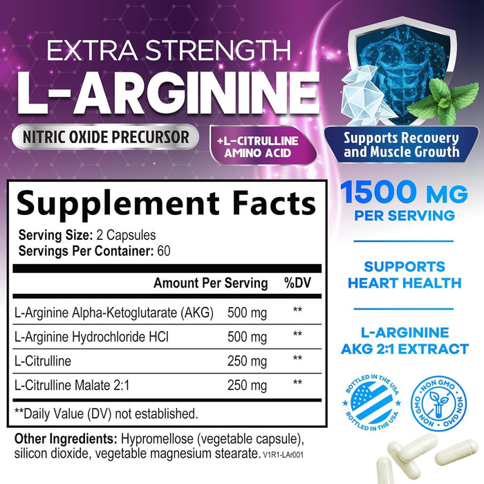 L-Arginine 1000mg Supplement - Heart Health Support - Premium Muscle Supporting Nitric Oxide Precursor Booster for Extra Strength - Gluten Free, Amino Acid Energy Blend For Men & Women - 120 Count