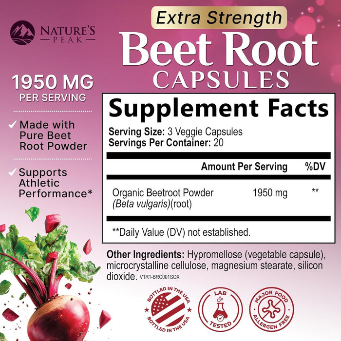 Beet Root Capsules 1950mg - Organic Beetroot Powder in Vegan Capsules - Premium Beet Root Powder Supplement Supports Nitric Oxide Production, Heart Health & Natural Energy - Bottled in USA - 60 Count