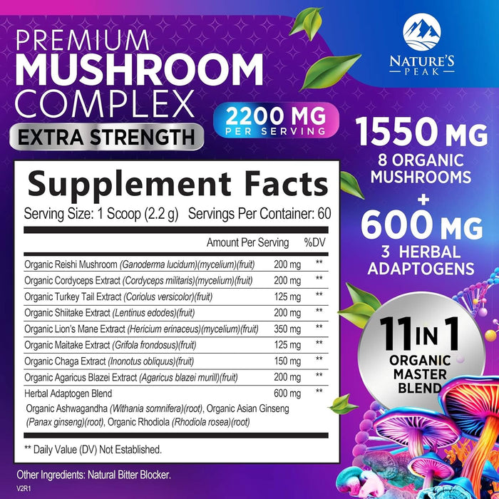 Mushroom Supplement Powder - 11 in 1 Complex Nootropic & Adaptogens Blend, Organic Mushroom Powder, Lions Mane, Cordyceps, Reishi, Chaga, Turkey Tail, Shiitake, Maitake Mushrooms & More - 60 Servings