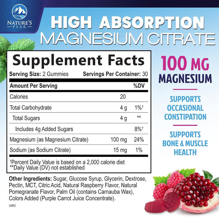 Magnesium Gummy - High Absorption Magnesium Citrate Supplement for Stress Support for Adults & Kids - Calm Magnesium Gummies Dietary Supplements - Bone Support & Heart Support - 60 Gummies