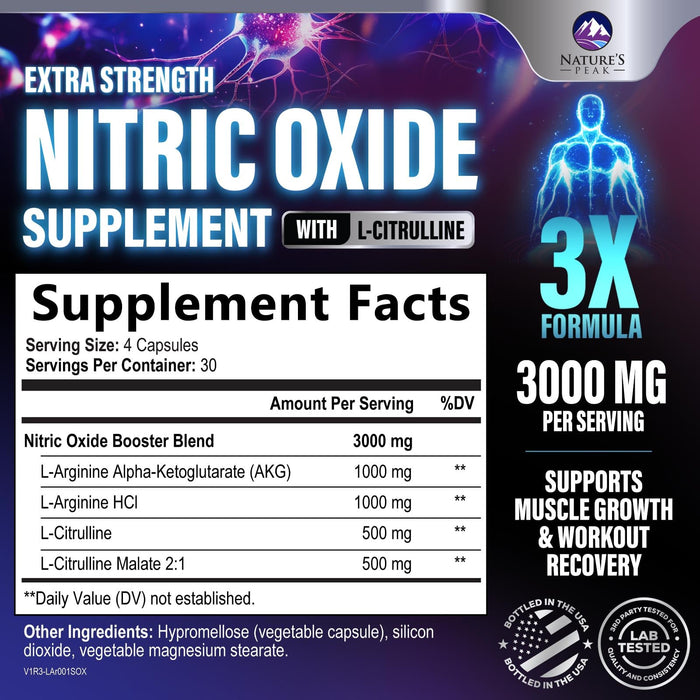 Nitric Oxide Supplement 3000mg L Arginine 3X Strength - Citrulline Malate & AKG - Extra Strength Muscle Supporting Nitric Booster for Muscle Growth & Workout Recovery to Train Harder - 120 Count