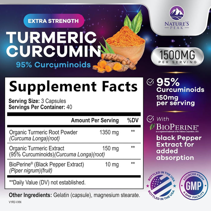 Turmeric Curcumin Supplement 1500mg - 95% Curcuminoids with BioPerine Black Pepper for Best Absorption - Best Natural Vegan Joint Support - Bottled in USA, Non-GMO, Organic Tumeric - 120 Capsules