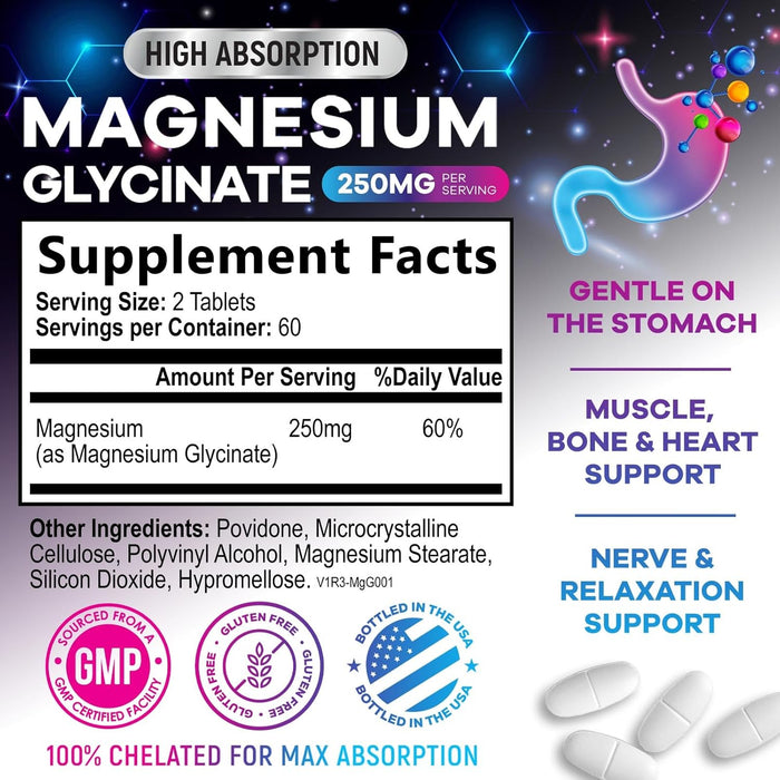 Magnesium Glycinate 250mg - 100% Chelated for Max Absorption, Magnesium Capsules for Bone, Muscle & Heart Health Support, Nature's Magnesium Supplement, Vegan, Gluten Free, Non-GMO - 120 Count