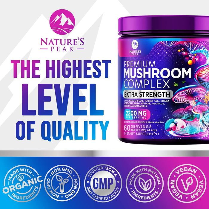 Mushroom Supplement Powder - 11 in 1 Complex Nootropic & Adaptogens Blend, Organic Mushroom Powder, Lions Mane, Cordyceps, Reishi, Chaga, Turkey Tail, Shiitake, Maitake Mushrooms & More - 60 Servings