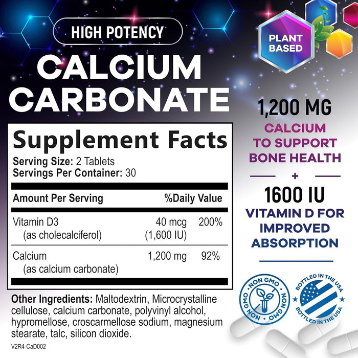 Calcium 1200 mg Plus Vitamin D3, Bone Health & Immune Support - Nature's Calcium Supplement with High Potency Vitamin D for Extra Strength Carbonate Absorption Dietary Supplement - 60 Count