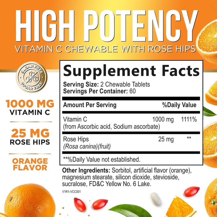Extra Strength Vitamin C 1000 mg - Chewable Vita C for Powerful Immune Support with Vitamin C & Rose HIPS - Potent Dietary Chewable Vitamin C Supplement, Vegan, Gluten-Free, Non-GMO - 120 Count