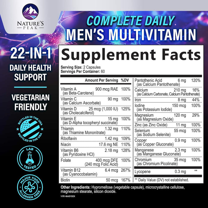 Men's Multivitamins Supplement - Complete Daily Multivitamin for Men with Vitamin B12, A, C, D, E, Zinc, Calcium, Iron, Folate - Immune Health & Energy Support - High Potency & Non-GMO - 120 Capsules