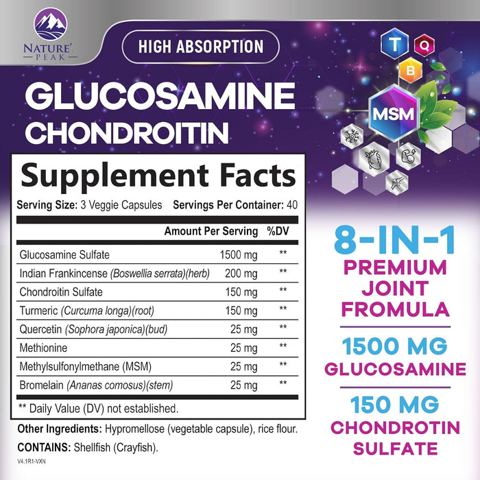 Glucosamine with Chondroitin Turmeric Supplement, Triple Strength Standardized 2100mg with Boswellia & Bromelain - for Joint Support & Comfort - 120 Count