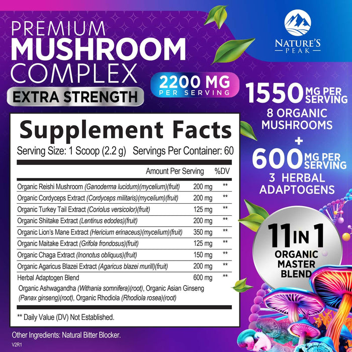 Mushroom Supplement Powder - 11 in 1 Complex Nootropic & Adaptogens Blend, Organic Mushroom Powder, Lions Mane, Cordyceps, Reishi, Chaga, Turkey Tail, Shiitake, Maitake Mushrooms & More - 60 Servings