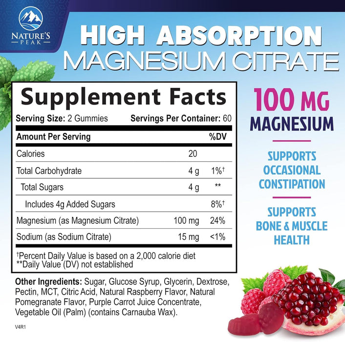 Magnesium Gummy - High Absorption Magnesium Citrate Supplement for Stress Support for Adults & Kids - Calm Magnesium Gummies Dietary Supplements - Bone Support & Heart Support - 120 Gummies