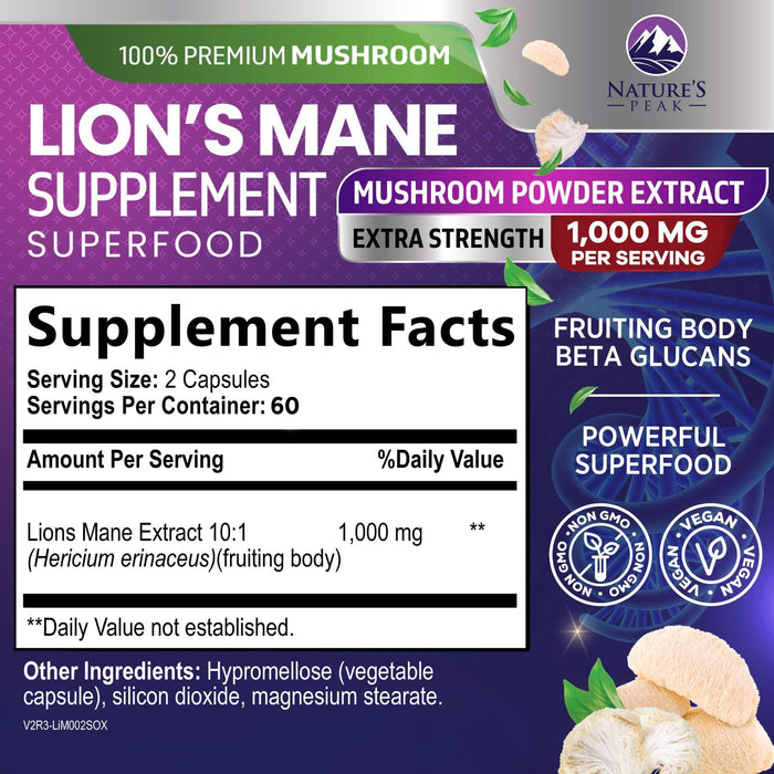 Lions Mane Supplement Mushroom Capsules 10,000mg, Lions Mane Mushroom Supplement Capsules for Memory and Focus Support, Brain, Immune Health Support, Non-GMO Lionâ€™s Mane Powder Extract - 120 Count