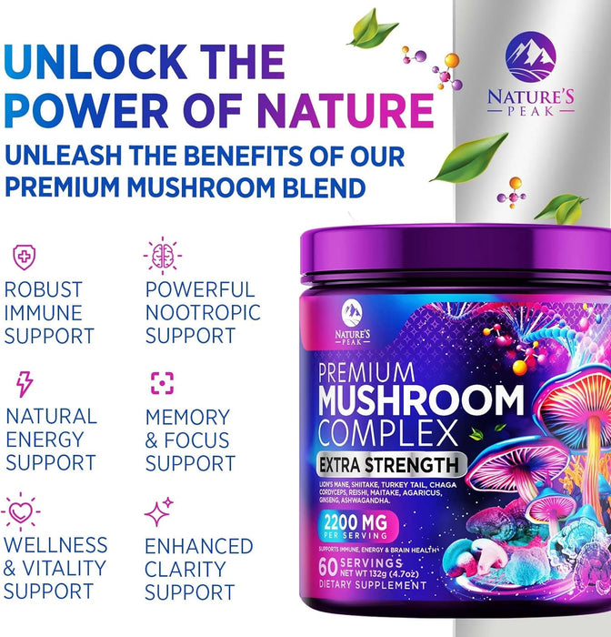 Mushroom Supplement Powder - 11 in 1 Complex Nootropic & Adaptogens Blend, Organic Mushroom Powder, Lions Mane, Cordyceps, Reishi, Chaga, Turkey Tail, Shiitake, Maitake Mushrooms & More - 60 Servings