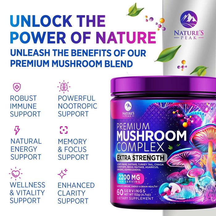 Mushroom Supplement Powder - 11 in 1 Complex Nootropic & Adaptogens Blend, Organic Mushroom Powder, Lions Mane, Cordyceps, Reishi, Chaga, Turkey Tail, Shiitake, Maitake Mushrooms & More - 60 Servings