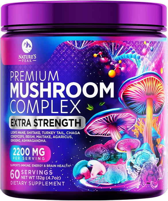 Mushroom Supplement Powder - 11 in 1 Complex Nootropic & Adaptogens Blend, Organic Mushroom Powder, Lions Mane, Cordyceps, Reishi, Chaga, Turkey Tail, Shiitake, Maitake Mushrooms & More - 60 Servings