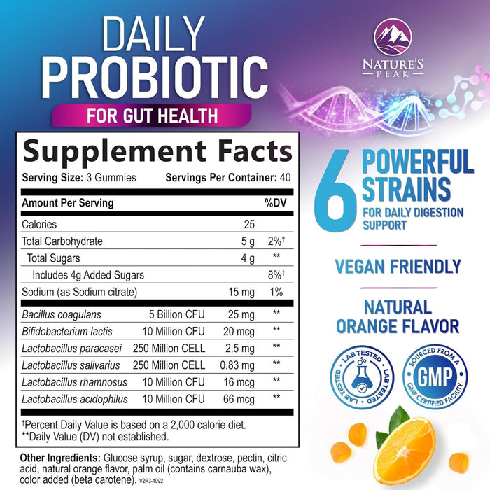 Daily Probiotic Gummies Extra Strength, 5 Billion CFU Probiotics for Women & Men - Digestive Health & Immune Support, Gluten Free - Nature's Non-GMO Supplement, Natural Orange Flavor - 120 Count