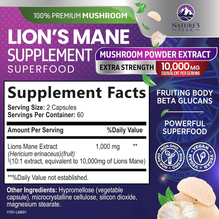 Lions Mane Supplement Mushroom Capsules 10,000mg, Lions Mane Mushroom Supplement Capsules for Memory and Focus Support, Brain, Immune Health Support, Non-GMO Lion’s Mane Powder Extract - 120 Count