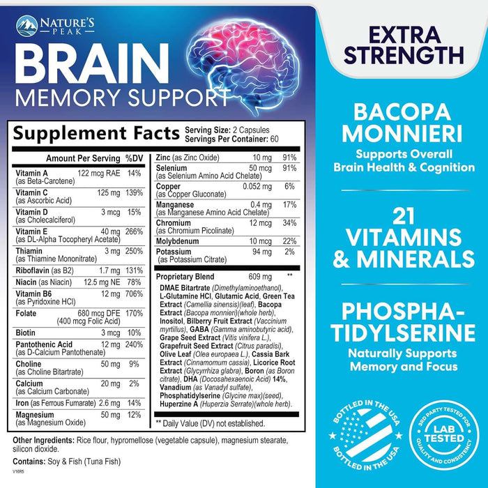 Brain Supplement for Memory and Focus, Nootropic Support for Concentration, Clarity, Energy, Brain Health with Bacopa, Cognitive Vitamins, Phosphatidylserine, DMAE, Nootropics & More - 120 Count