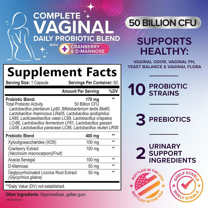 Vaginal Probiotics for Women pH Balance with Prebiotics, 50 Billion CFU, 10 Probiotic Strains, Cranberry, D-Mannose & XOS - Healthy Vaginal Odor & Flora, UT & Feminine Digestive Health - 60 Count