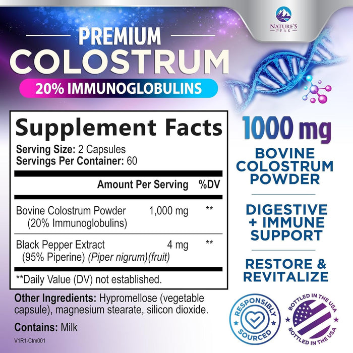Colostrum Supplement 1000mg 20% Immunoglobulins for Gut Health, Immune Support, Muscle, Skin & Hair Growth, Bovine Colostrum Powder, Nature's Colostrum for Women & Men, Bottled in USA - 120 Count