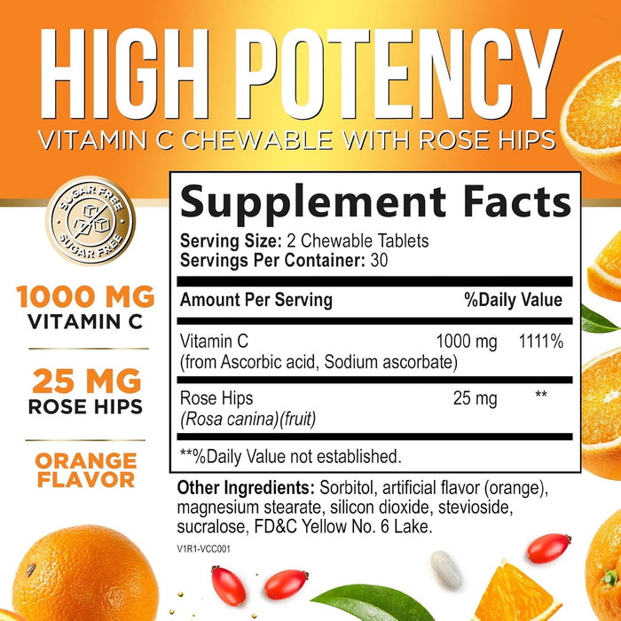 Extra Strength Vitamin C 1000 mg - Chewable Vita C for Powerful Immune Support with Vitamin C & Rose HIPS - Potent Dietary Chewable Vitamin C Supplement, Vegan, Gluten-Free, Non-GMO - 60 Count