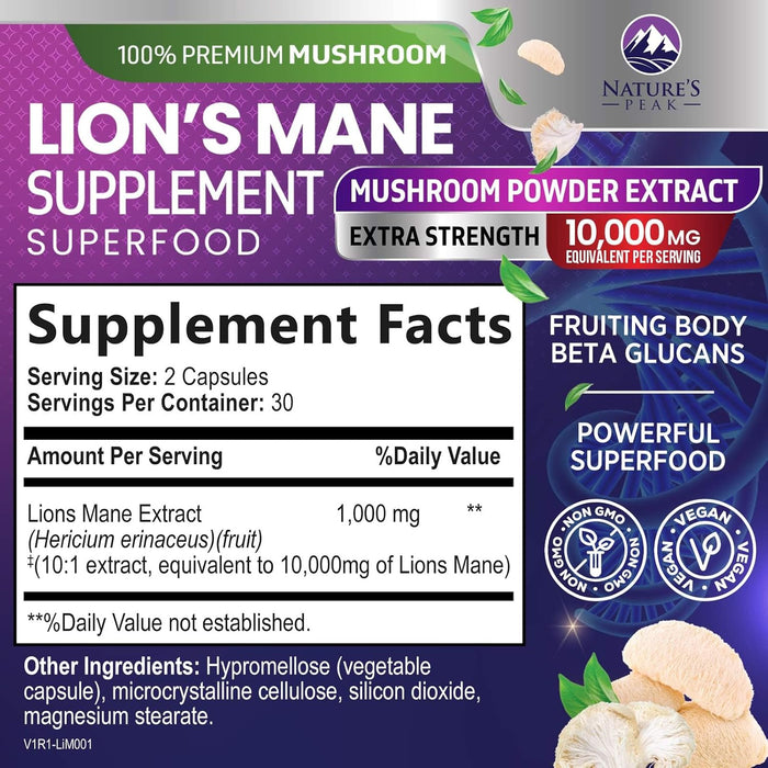 Lions Mane Supplement Mushroom Capsules 10,000mg, Lions Mane Mushroom Supplement Capsules for Memory and Focus Support, Brain, Immune Health Support, Non-GMO Lion’s Mane Powder Extract - 60 Count