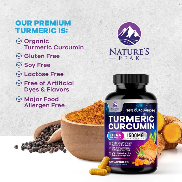 Turmeric Curcumin Supplement 1500mg - 95% Curcuminoids with BioPerine Black Pepper for Best Absorption - Best Natural Vegan Joint Support - Bottled in USA, Non-GMO, Organic Tumeric - 120 Capsules