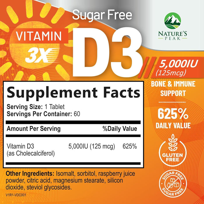 Vitamin D3 5000 IU (125 mcg) - High Potency Vitamin D Chewables for Bone, Teeth, Muscle & Immune Support, Sugar Free, Non-GMO, Gluten Free, Extra Strength Vitamin D Supplements - 60 Count