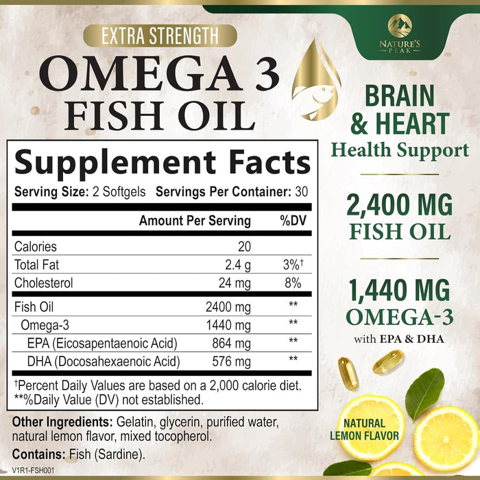 Nature's Peak Fish Oil 2400 mg - Triple Strength Fish Oil Supplement, Omega 3 Fish Oil w/EPA & DHA Fatty Acids for Healthy Heart Support, Burpless Omega 3 Supplements - 60 Count