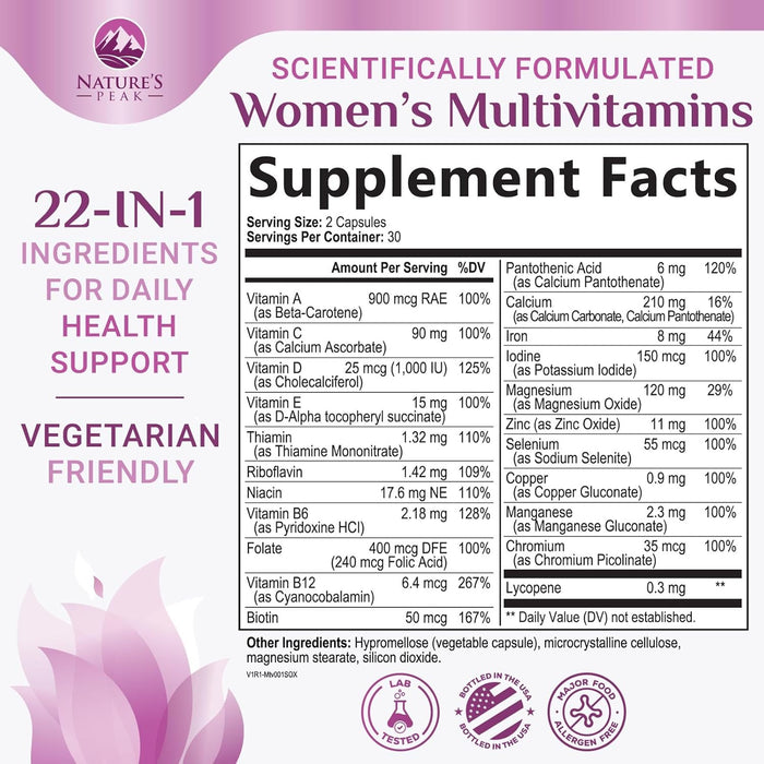 Multivitamin for Women - Complete Daily Womens Multivitamins with Calcium, Folate, Vitamin A, C, D, E & B Vitamins, Zinc and Iron - Multi Vitamins for Bone, Energy & Immune Support - 60 Capsules