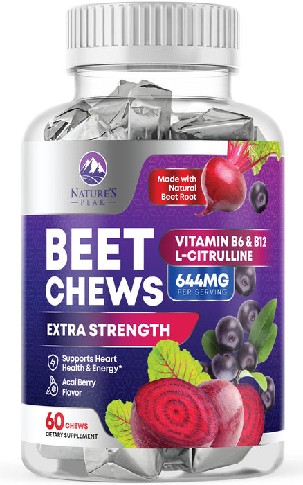 Beet Chews - Soft Beet Root Chewables with Grape Seed Extract Supports Heart Health & Energy with Powerful Antioxidants - Beetroot Nitric Oxide Supplement, Acai Berry Flavor - 60 Vegan Soft Chews