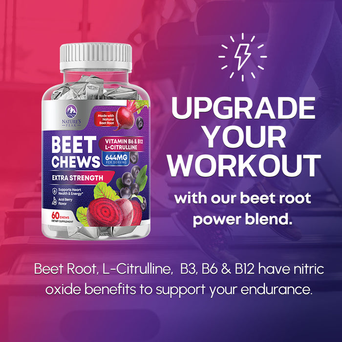 Beet Chews - Soft Beet Root Chewables with Grape Seed Extract Supports Heart Health & Energy with Powerful Antioxidants - Beetroot Nitric Oxide Supplement, Acai Berry Flavor - 60 Vegan Soft Chews