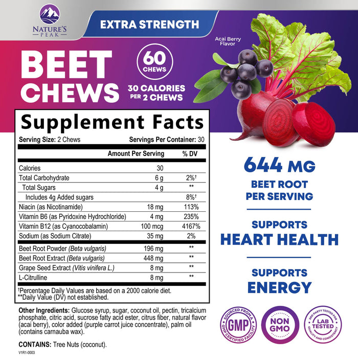 Beet Chews - Soft Beet Root Chewables with Grape Seed Extract Supports Heart Health & Energy with Powerful Antioxidants - Beetroot Nitric Oxide Supplement, Acai Berry Flavor - 60 Vegan Soft Chews