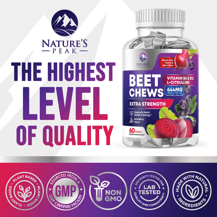 Beet Chews - Soft Beet Root Chewables with Grape Seed Extract Supports Heart Health & Energy with Powerful Antioxidants - Beetroot Nitric Oxide Supplement, Acai Berry Flavor - 60 Vegan Soft Chews