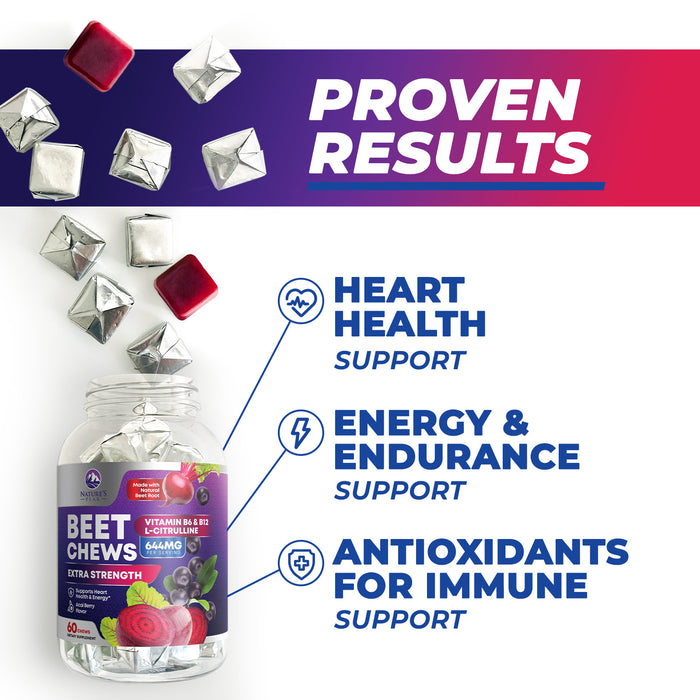 Beet Chews - Soft Beet Root Chewables with Grape Seed Extract Supports Heart Health & Energy with Powerful Antioxidants - Beetroot Nitric Oxide Supplement, Acai Berry Flavor - 60 Vegan Soft Chews